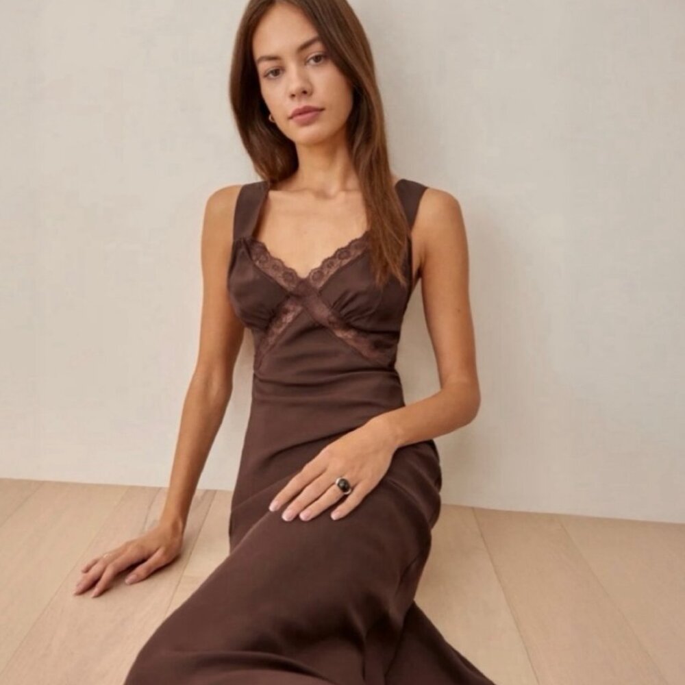 Reformation Provence Silk Dress in Cafe